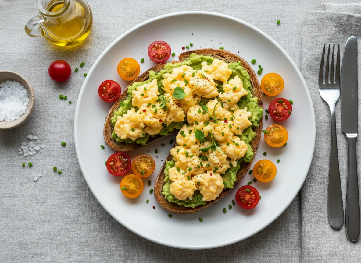 Rührei auf Avocado-Toast mit Kirschtomaten photo