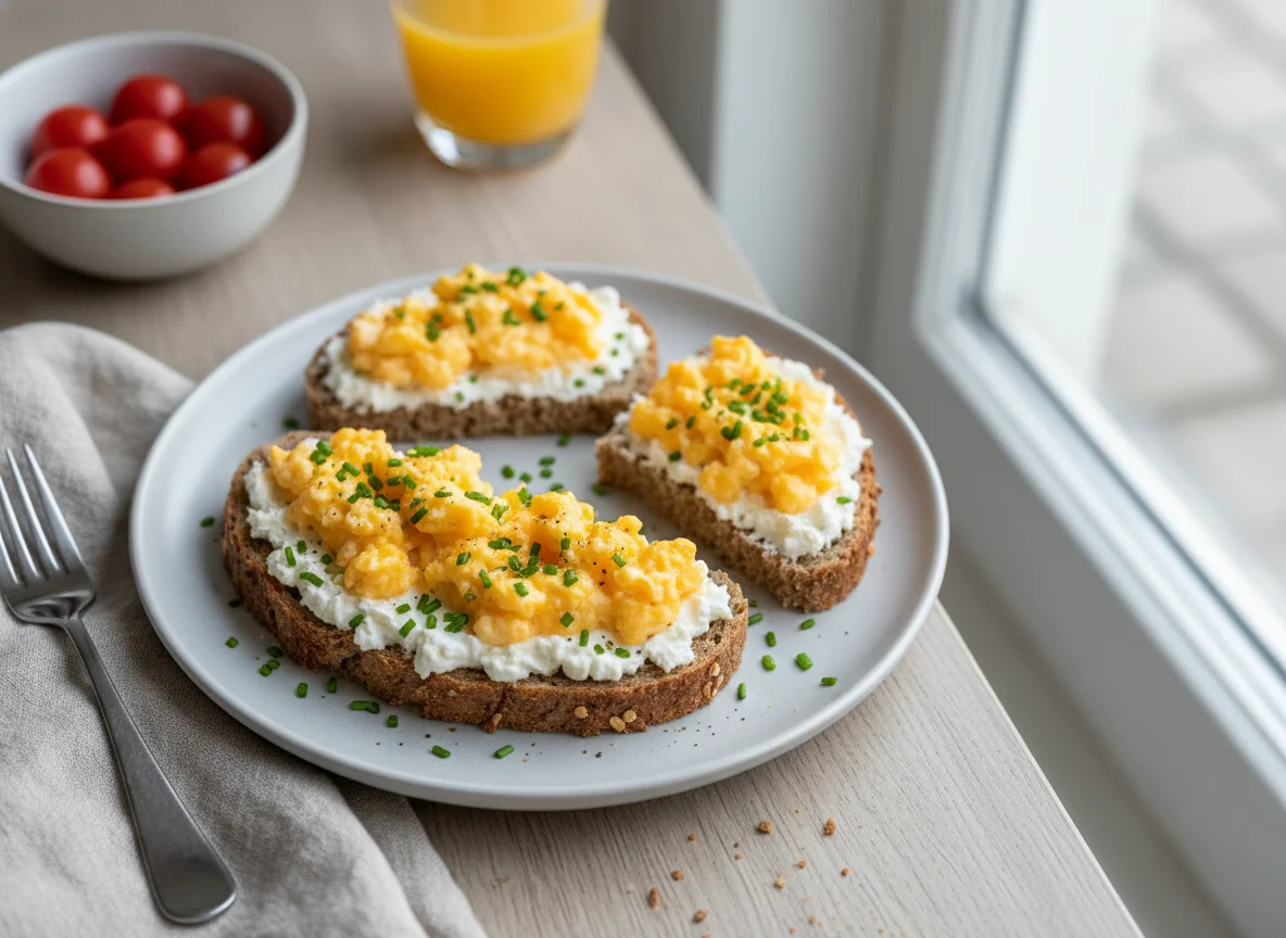 Rührei auf Brot mit Frischkäse photo