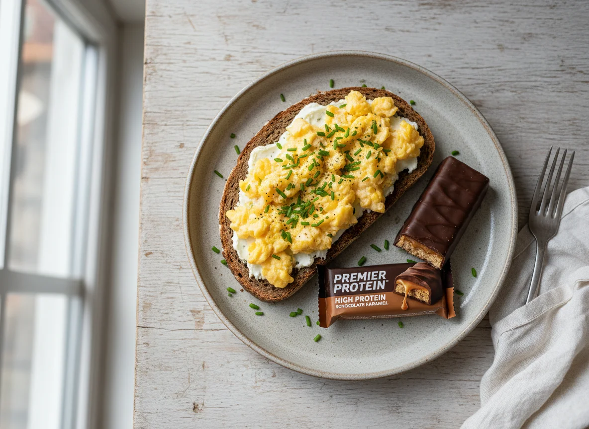 Rührei auf Brot mit Proteinriegel photo