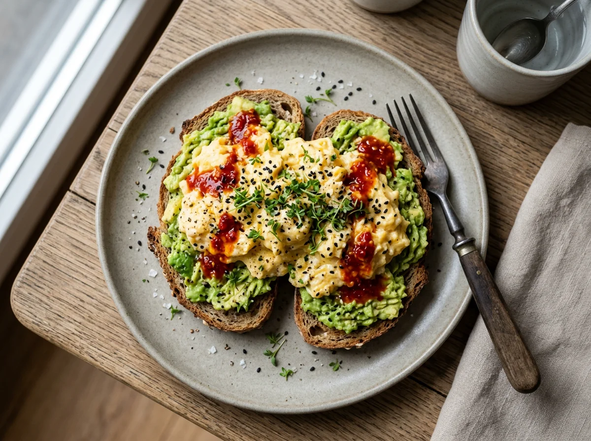 Rührei auf Toast mit Avocado und Chili-Sauce photo