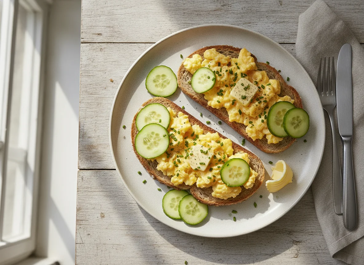 Rührei auf Toast mit Gurkenscheiben photo