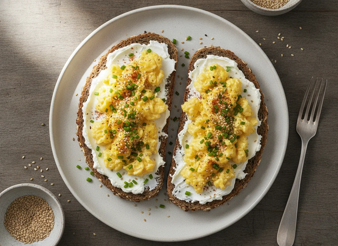 Rührei auf Vollkornbrot mit Frischkäse photo
