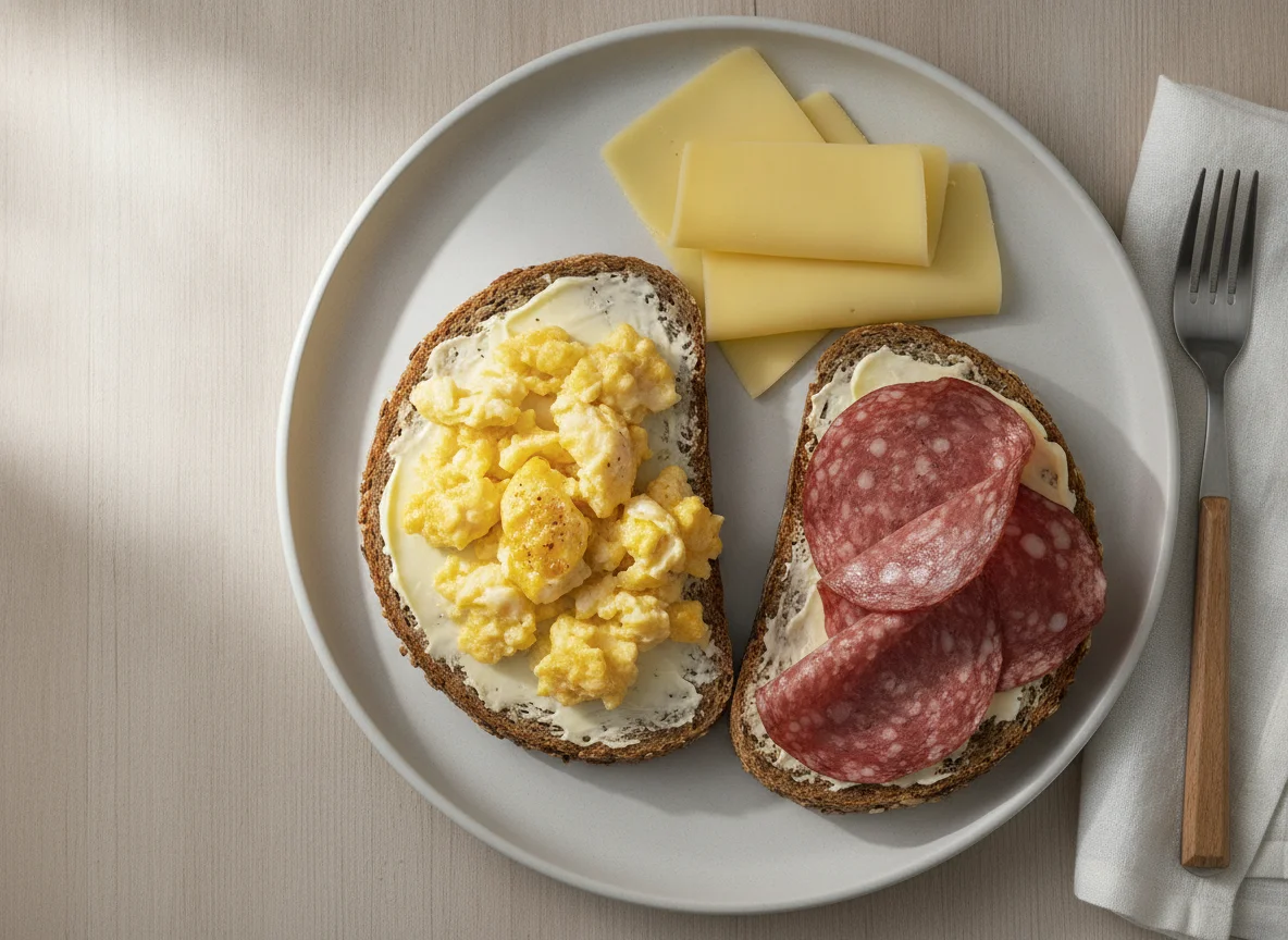Rührei auf Vollkornbrot mit Käse photo