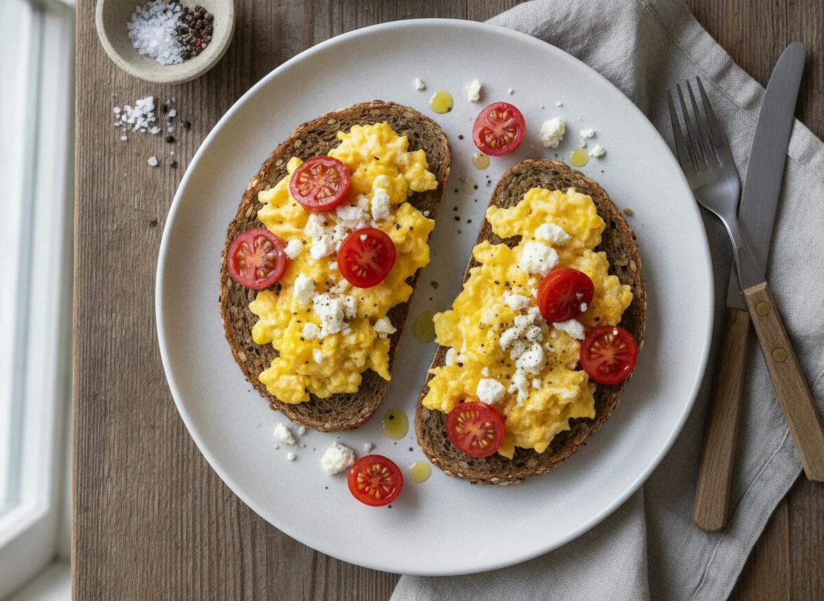Rührei auf Vollkornbrot mit Kirschtomaten und Feta photo
