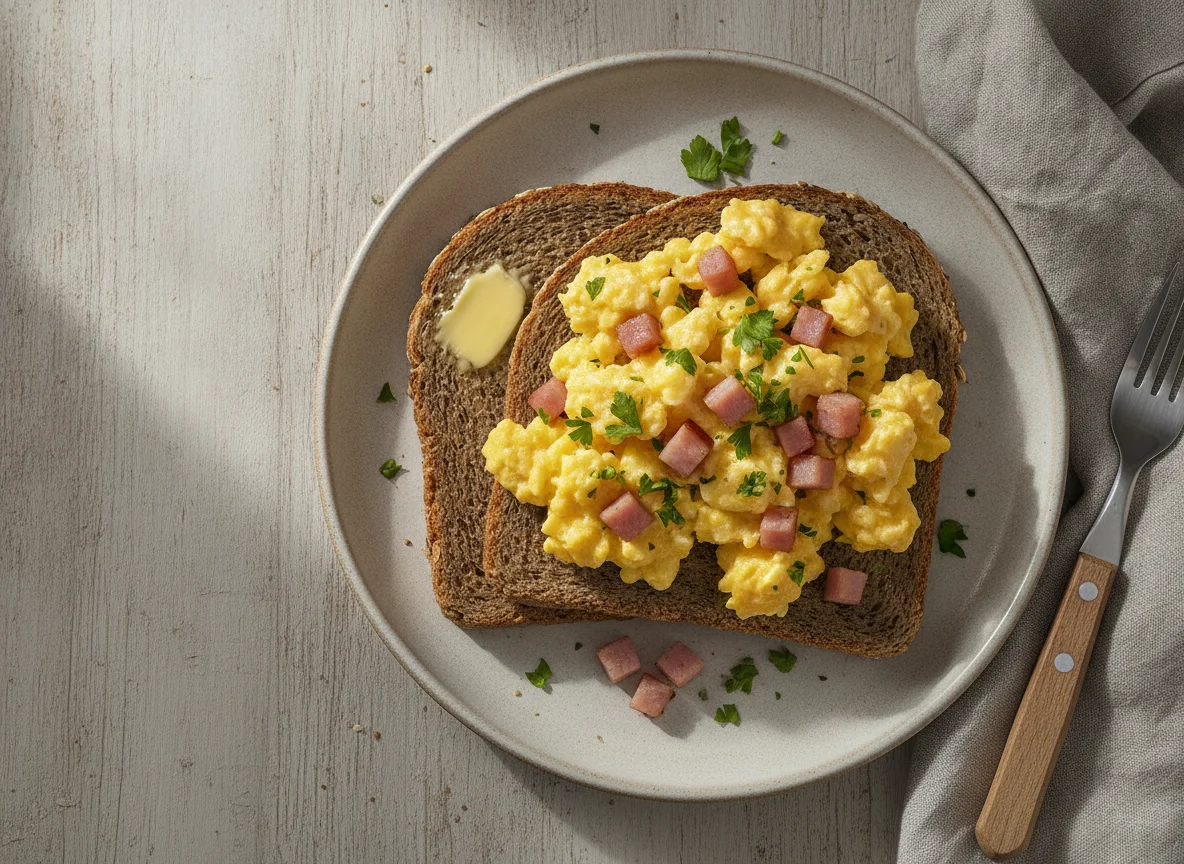 Rührei auf Vollkornbrot mit Schinken photo