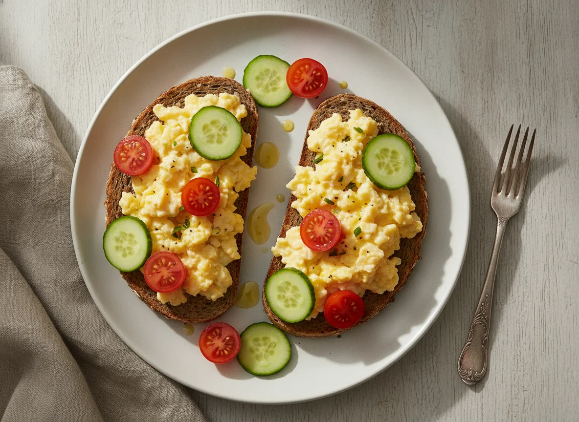 Rührei auf Vollkornbrot mit Tomaten und Gurken photo