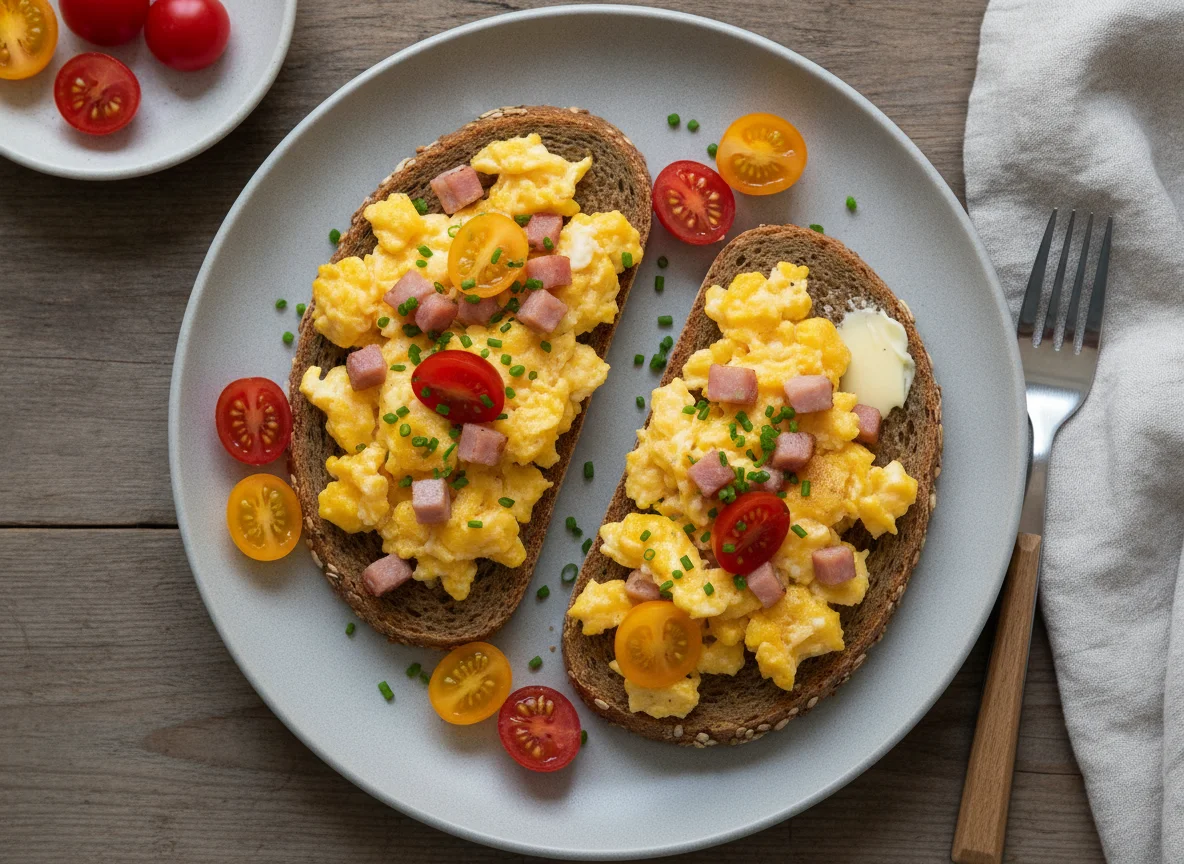 Rührei auf Vollkornbrot mit Tomaten photo
