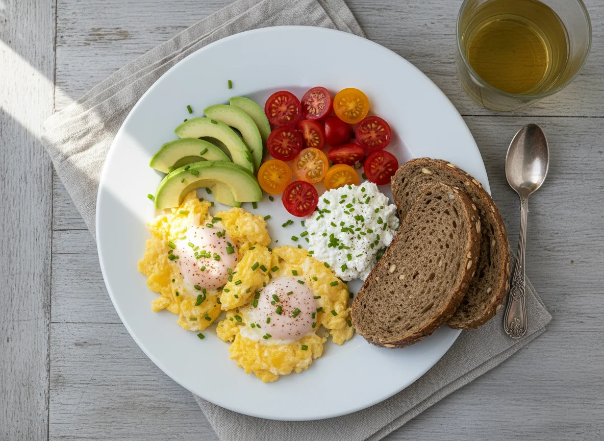 Rührei mit Avocado, Kirschtomaten, Hüttenkäse und Vollkornbrot photo