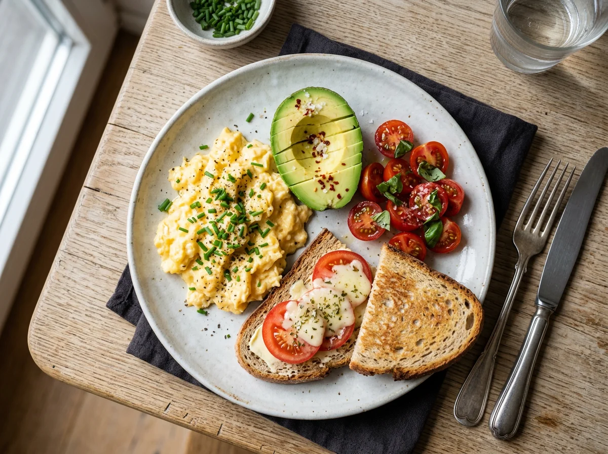 Rührei mit Avocado, Tomaten und Toast photo