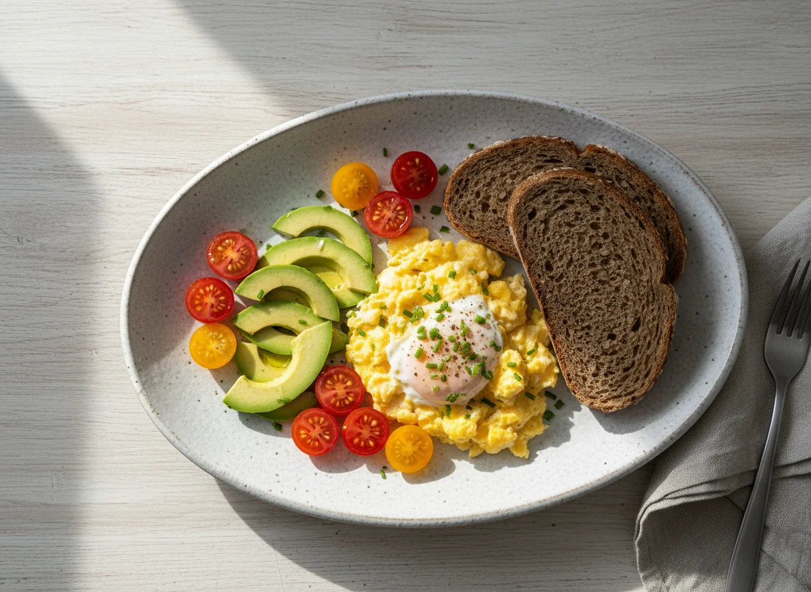 Rührei mit Avocado, Tomaten und Vollkornbrot photo