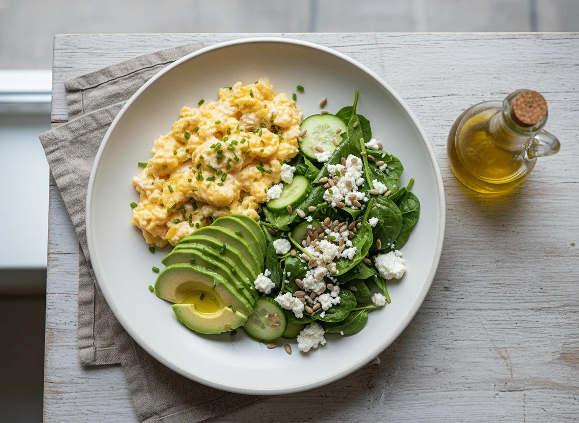 Rührei mit Avocado und Feta-Salat photo