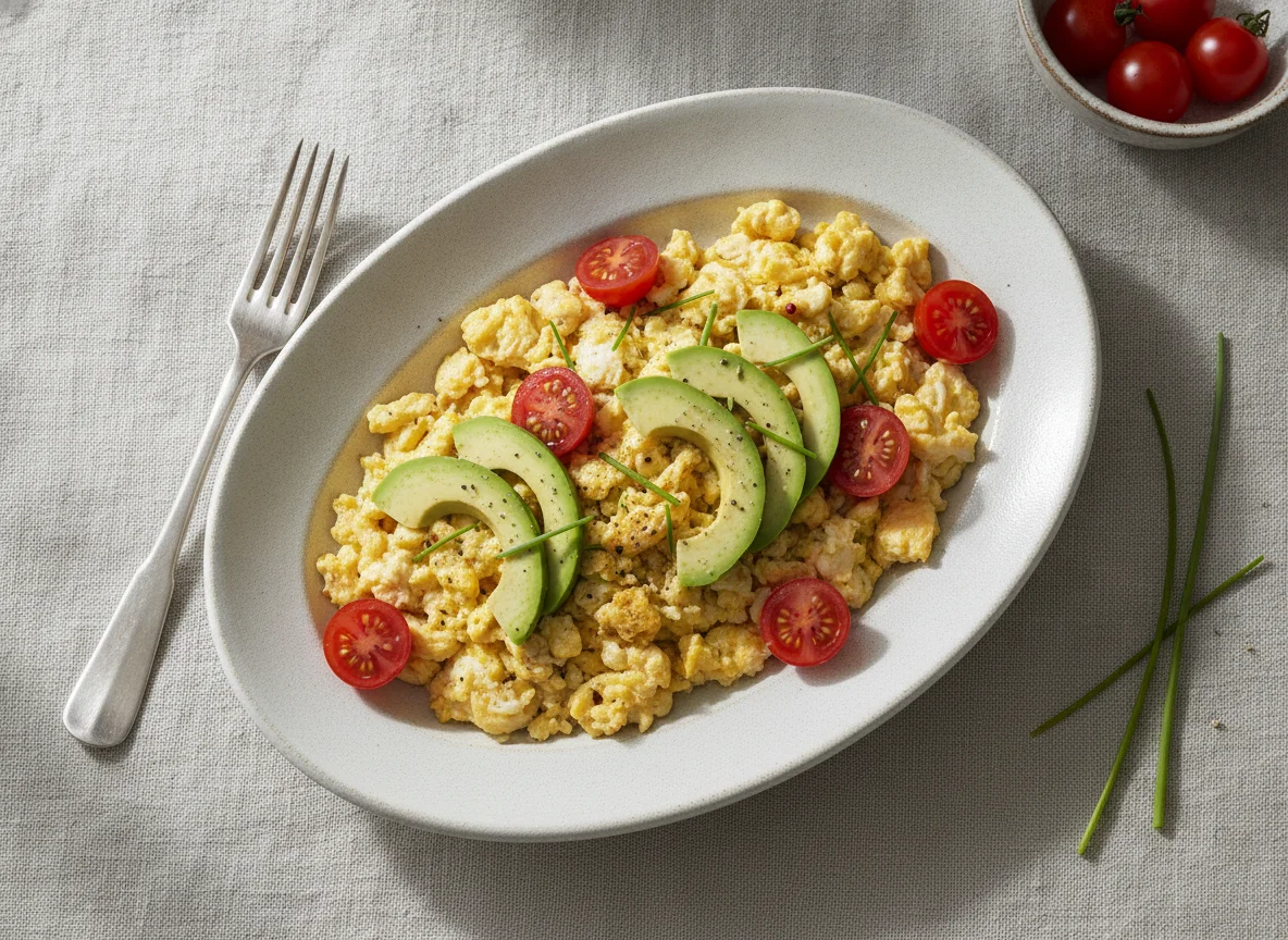 Rührei mit Avocado und Kirschtomaten photo