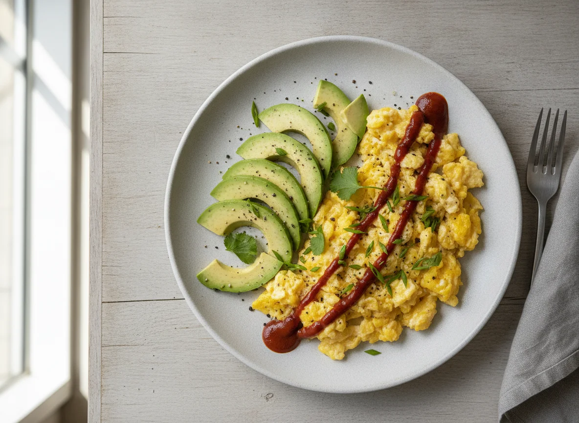 Rührei mit Avocado und Sriracha photo