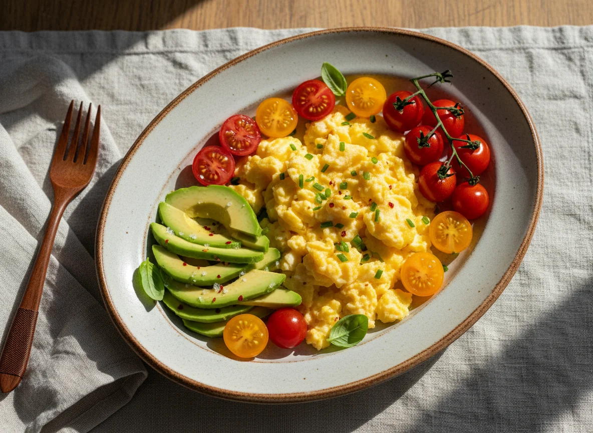 Rührei mit Avocado und Tomaten photo