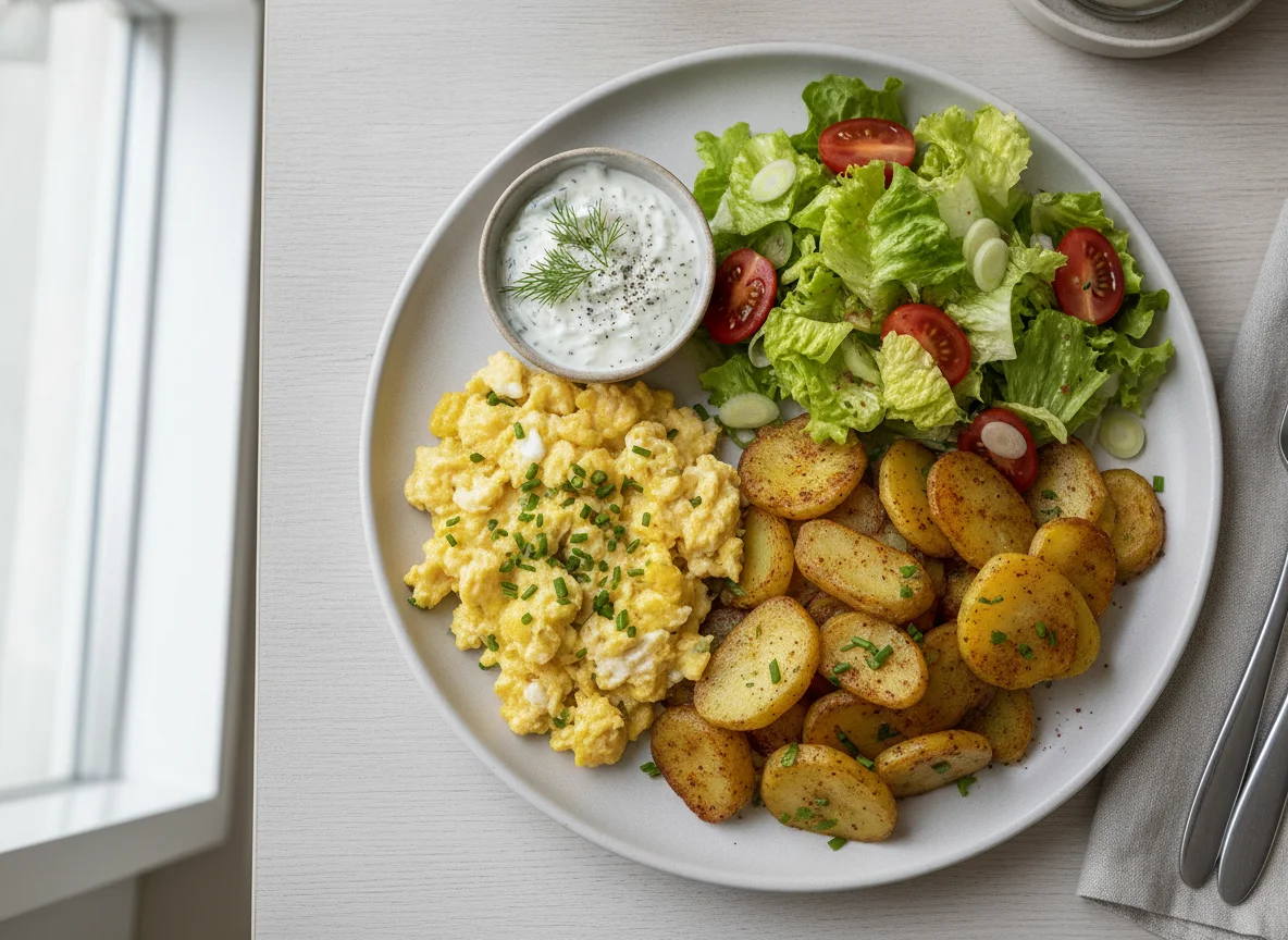 Rührei mit Bratkartoffeln und gemischtem Salat photo