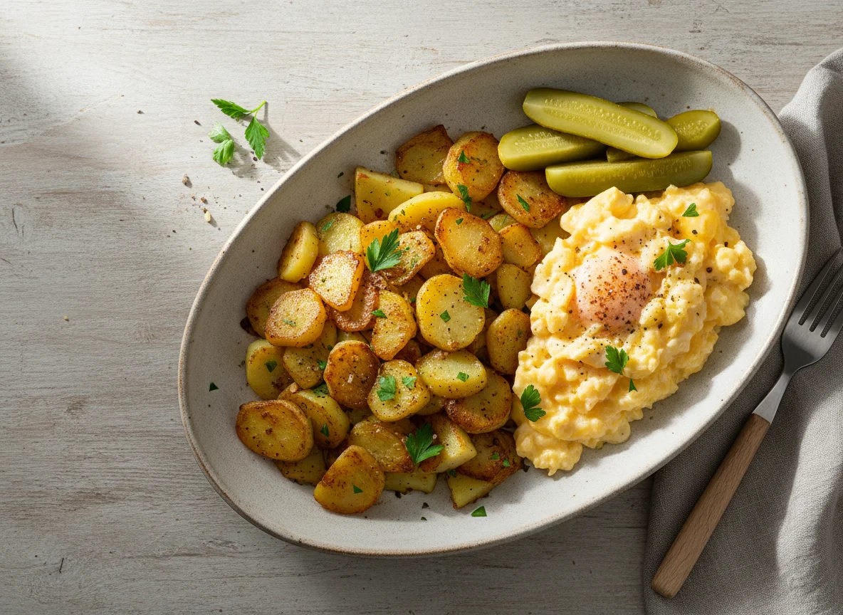 Rührei mit Bratkartoffeln und Gewürzgurke photo
