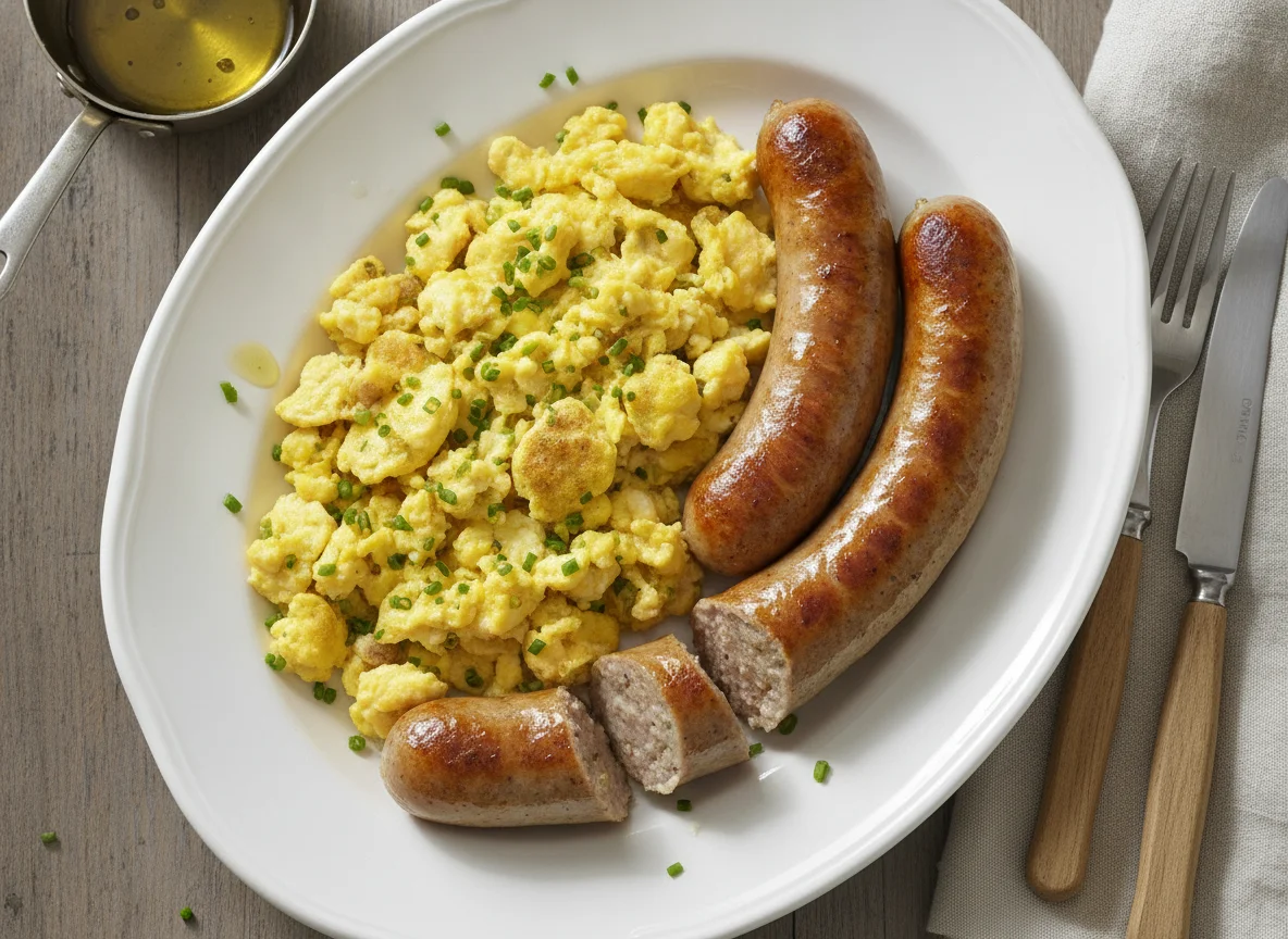 Rührei mit Bratwurst photo