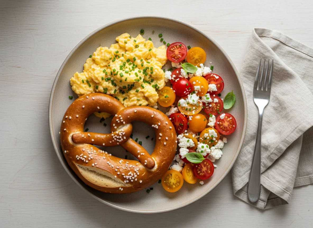 Rührei mit Brezel und Tomaten photo