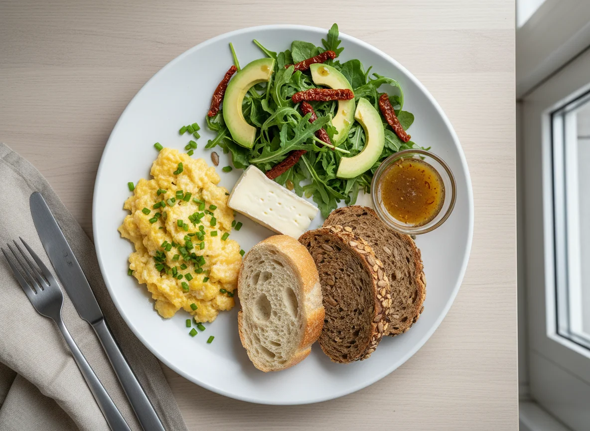 Rührei mit Brot, Käse und Salat photo