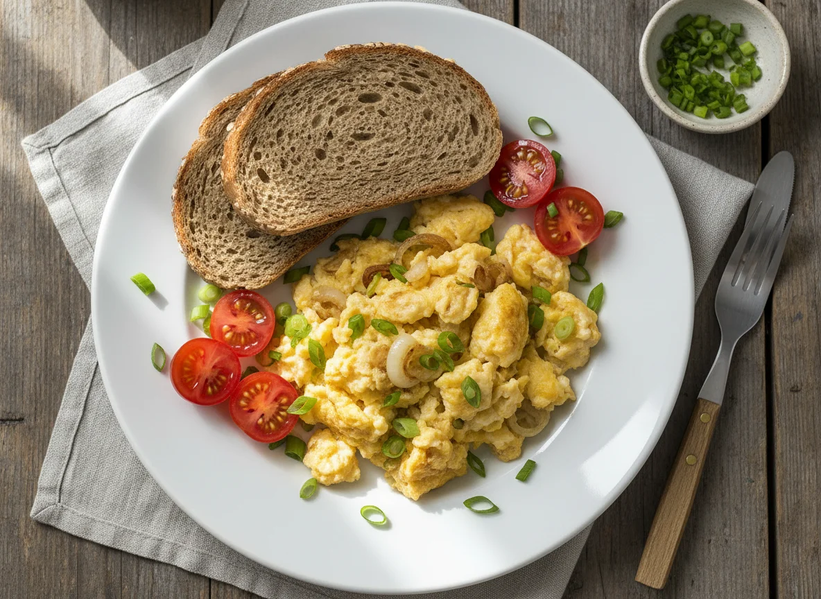 Rührei mit Brot und Beilagen photo