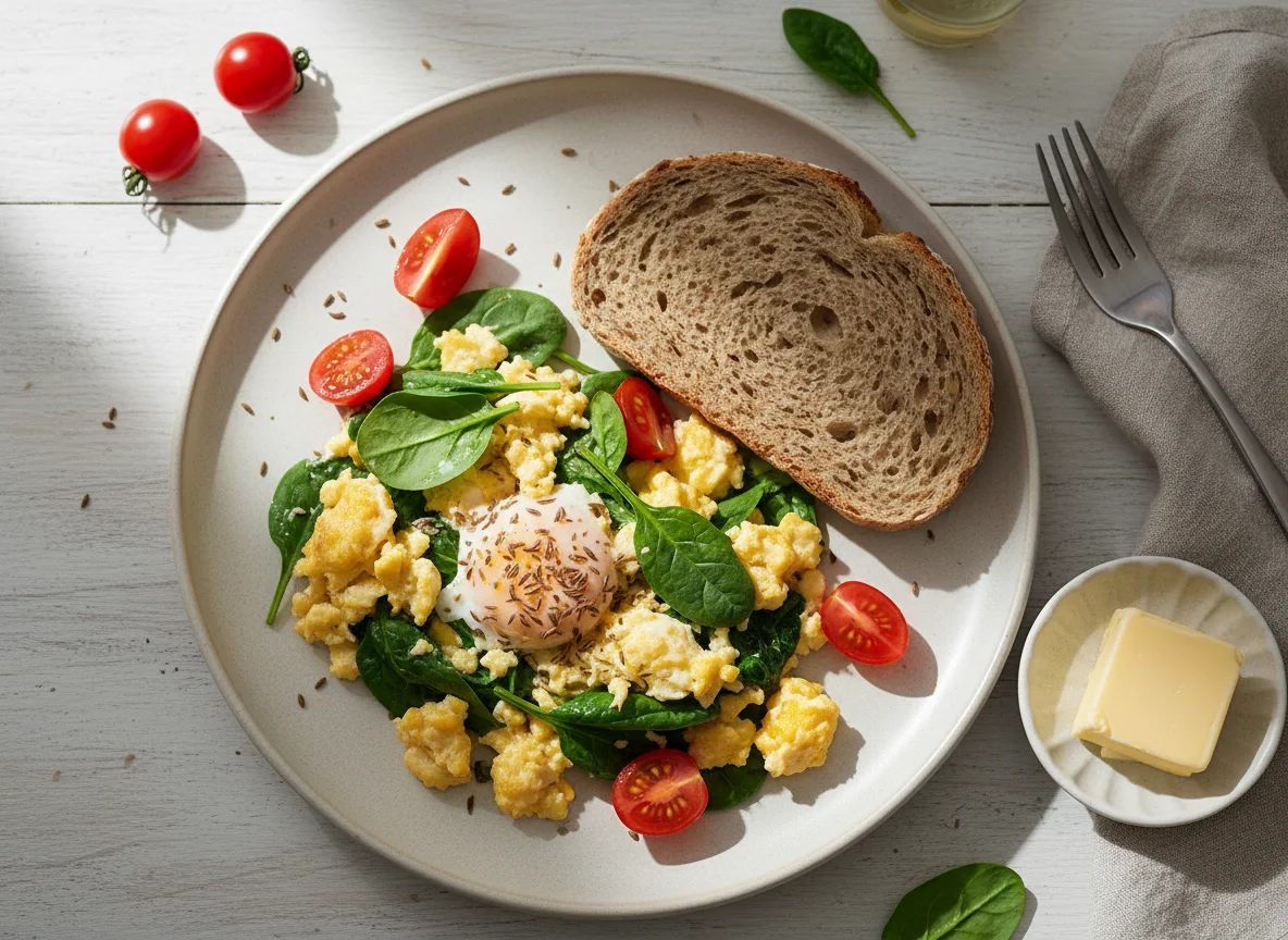 Rührei mit Brot und Butter photo