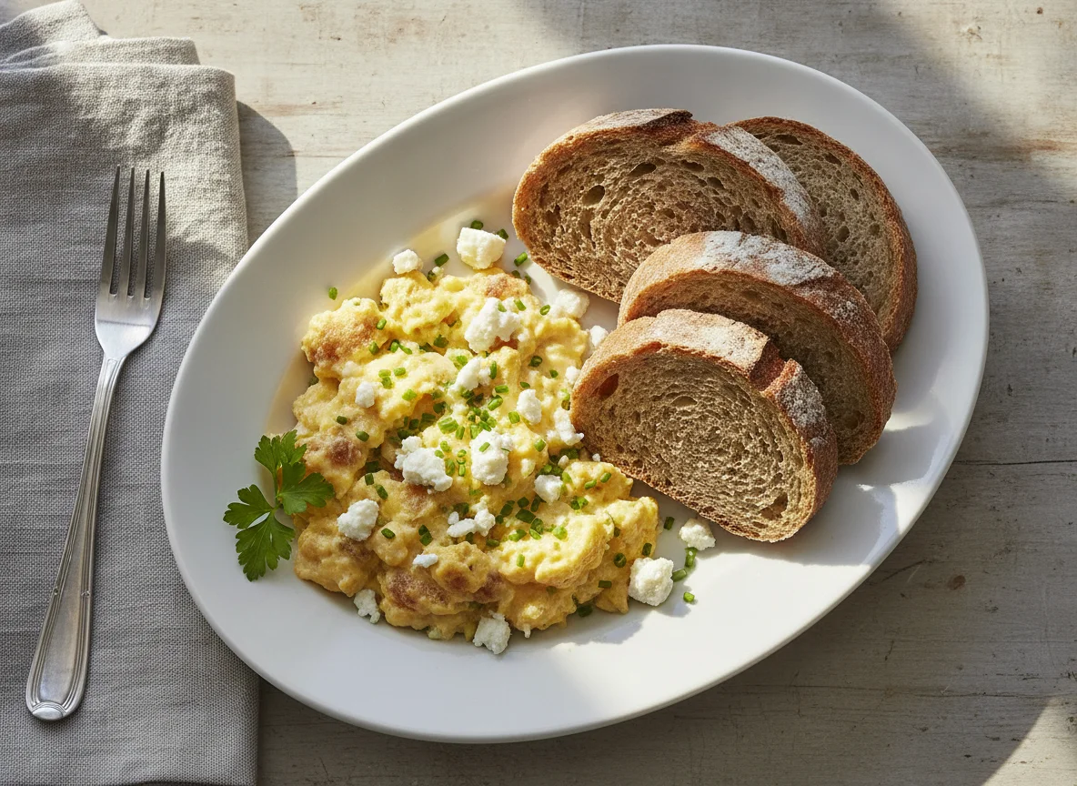 Rührei mit Brot und Feta photo