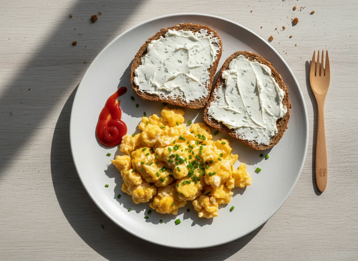 Rührei mit Brot und Frischkäse photo