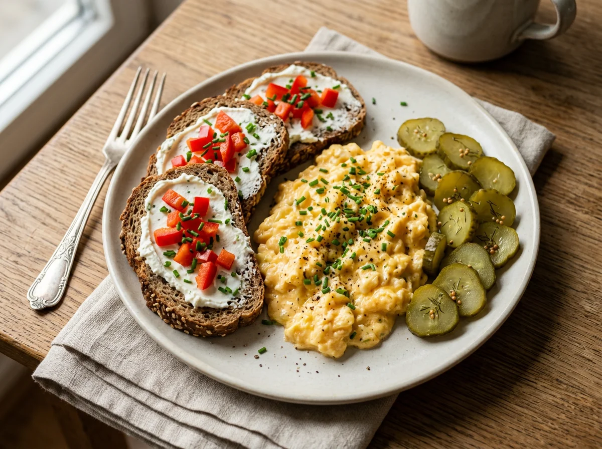 Rührei mit Brot und Gurken photo