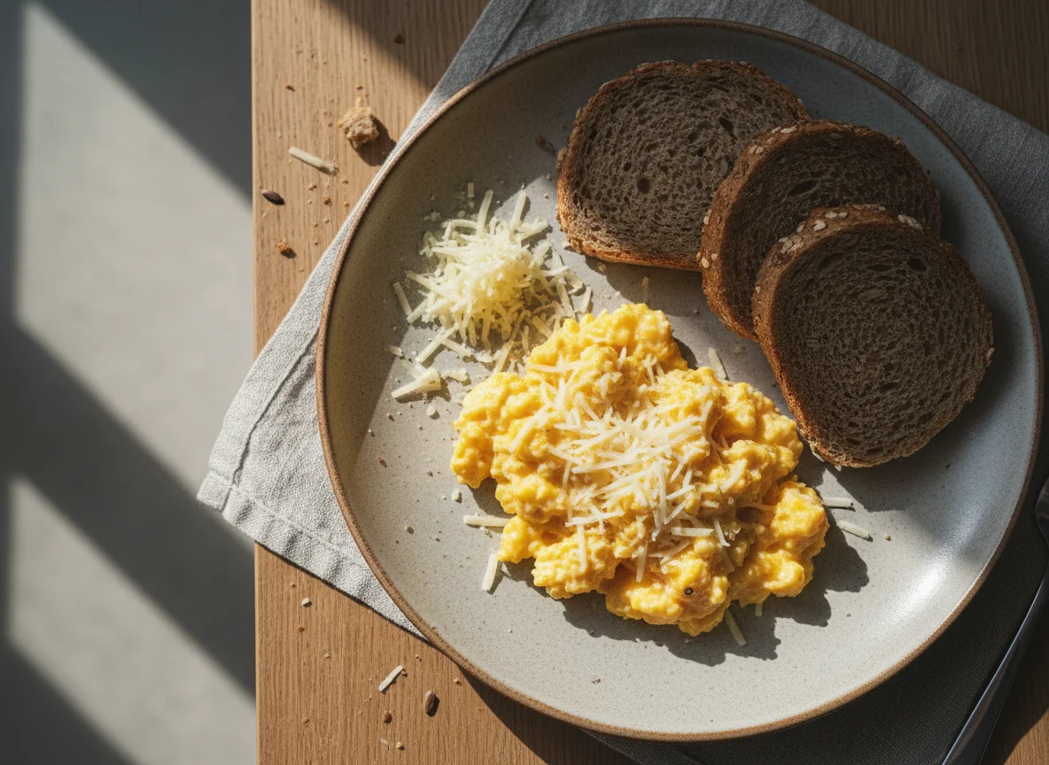 Rührei mit Brot und Käse photo