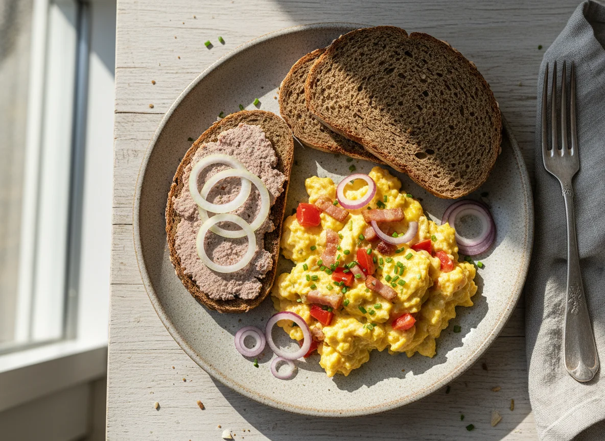 Rührei mit Brot und Leberwurst photo