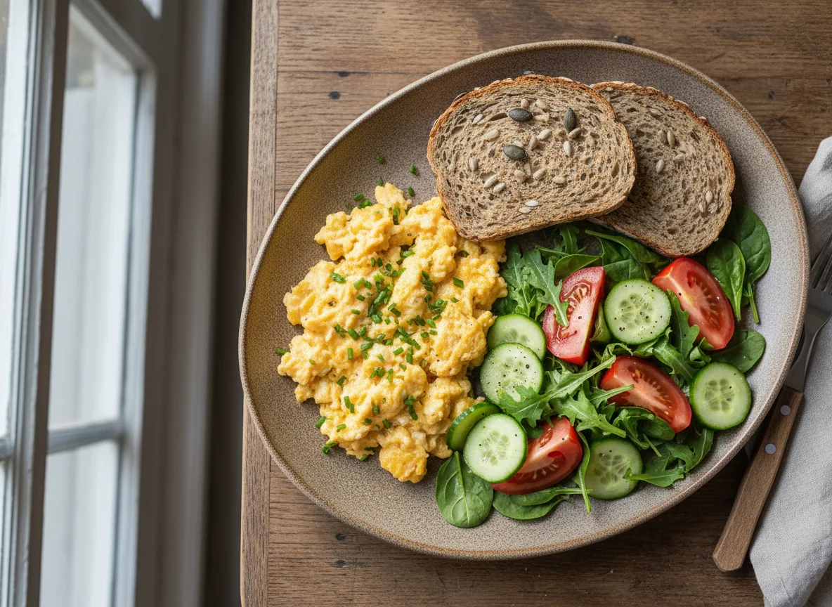 Rührei mit Brot und Salat photo