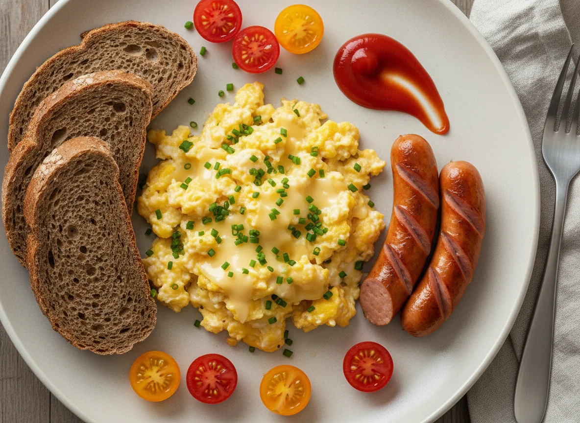 Rührei mit Brot, Würstchen und Tomaten photo