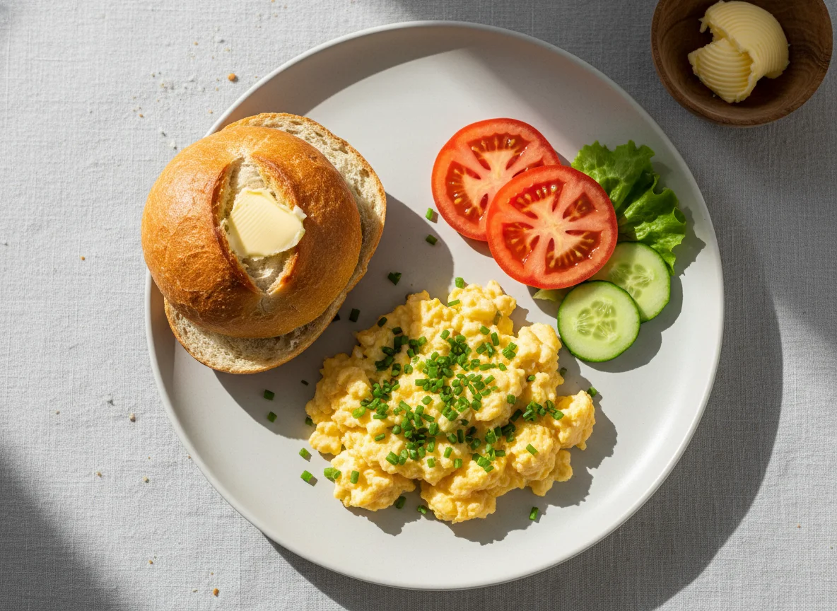 Rührei mit Brötchen, Butter und Beilage photo