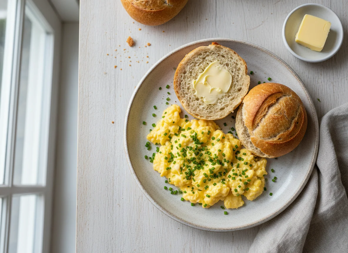 Rührei mit Brötchen und Butter photo