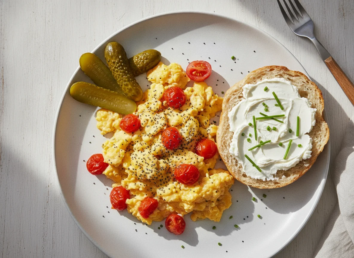 Rührei mit Brötchen und Gewürzgurken photo