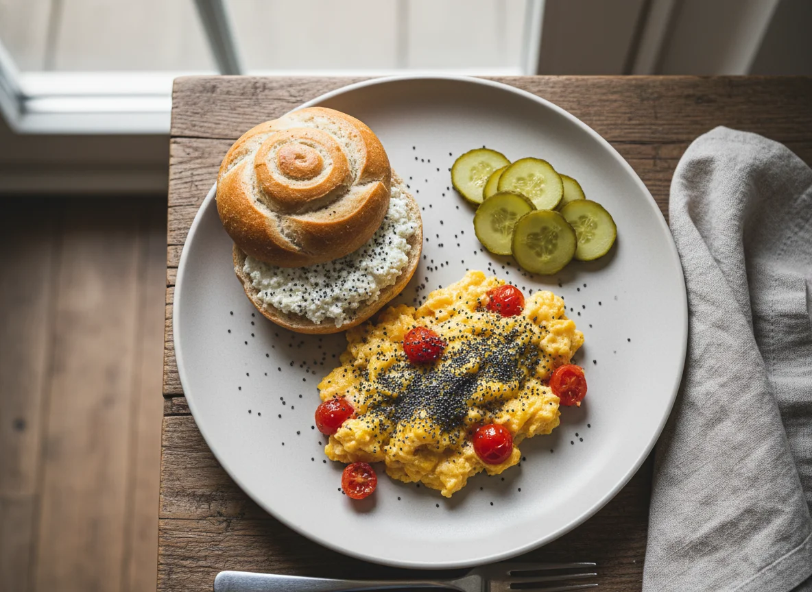 Rührei mit Brötchen und Gurken photo