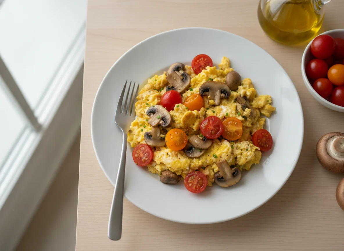 Rührei mit Champignons und Tomaten photo