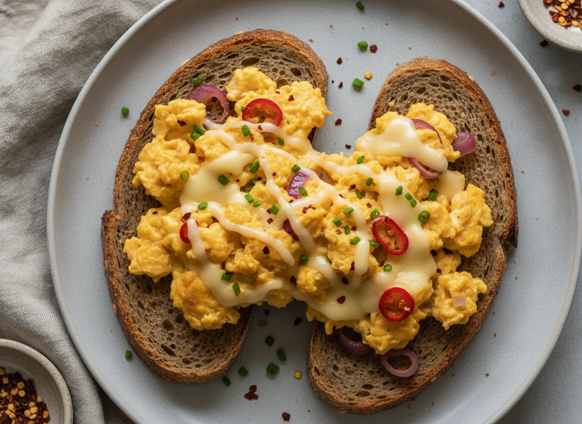 Rührei mit Chili und Käse auf Brot photo