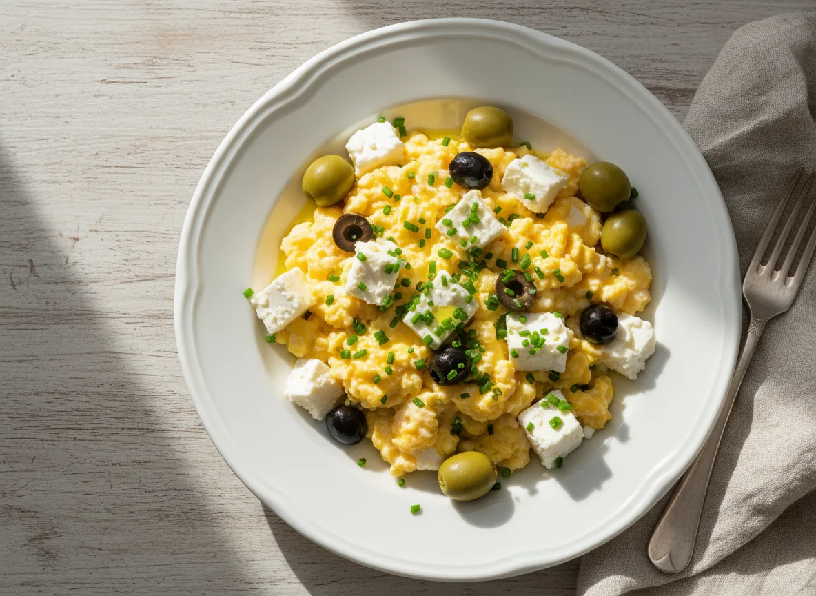 Rührei mit Feta und Oliven photo