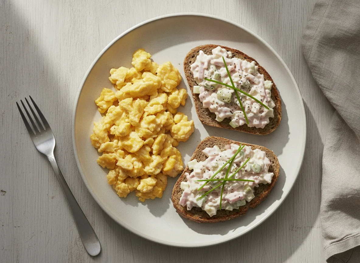 Rührei mit Fleischsalat-Brot photo
