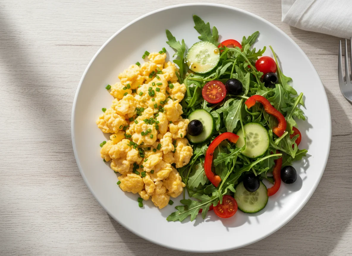 Rührei mit gemischtem Salat photo