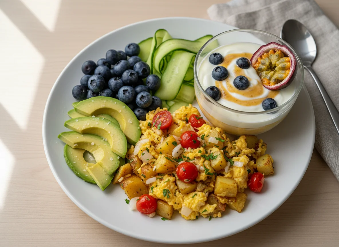 Rührei mit Gemüse, Blaubeeren, Avocado und Joghurt photo