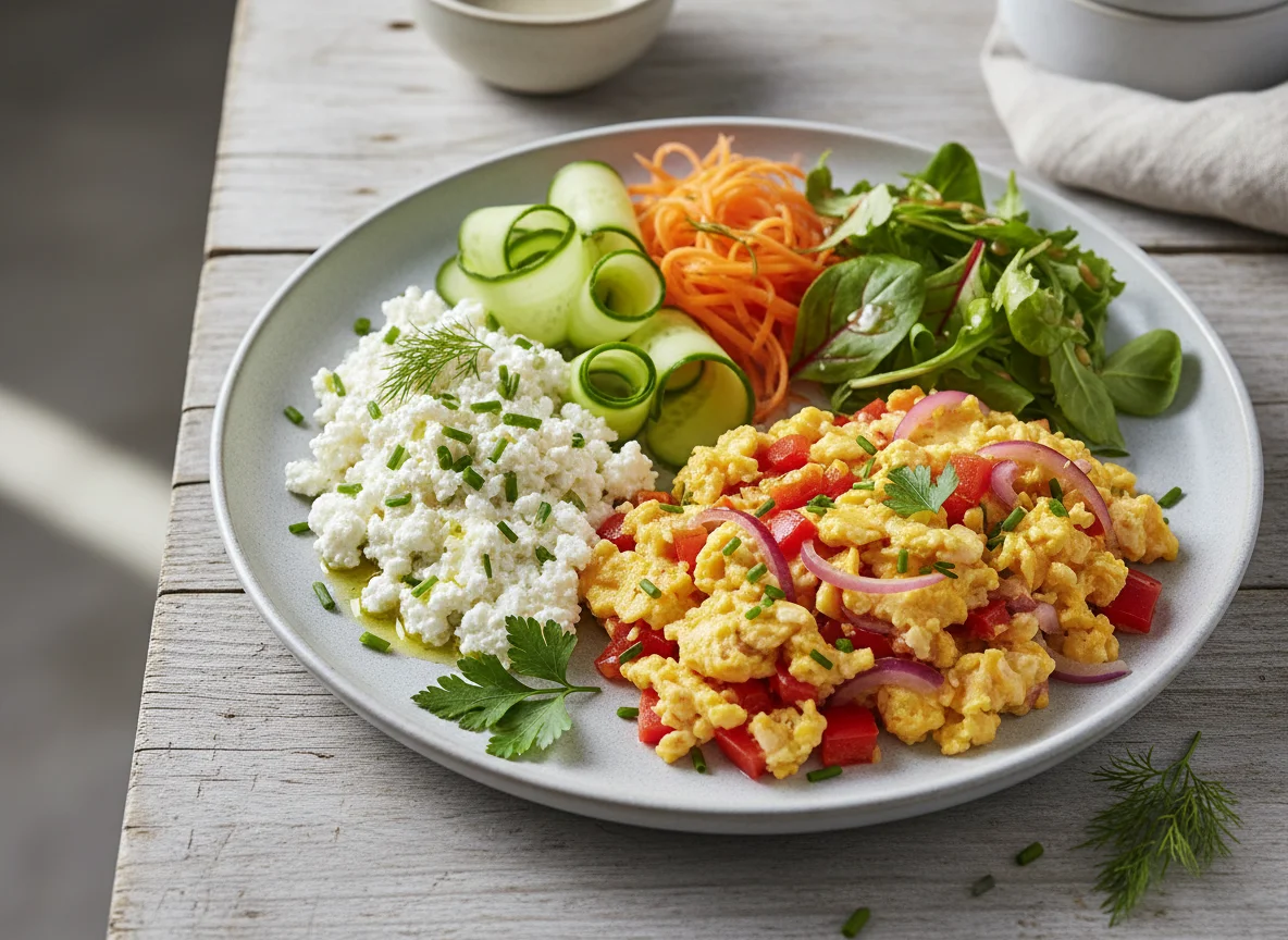 Rührei mit Gemüse, Hüttenkäse und Salat photo