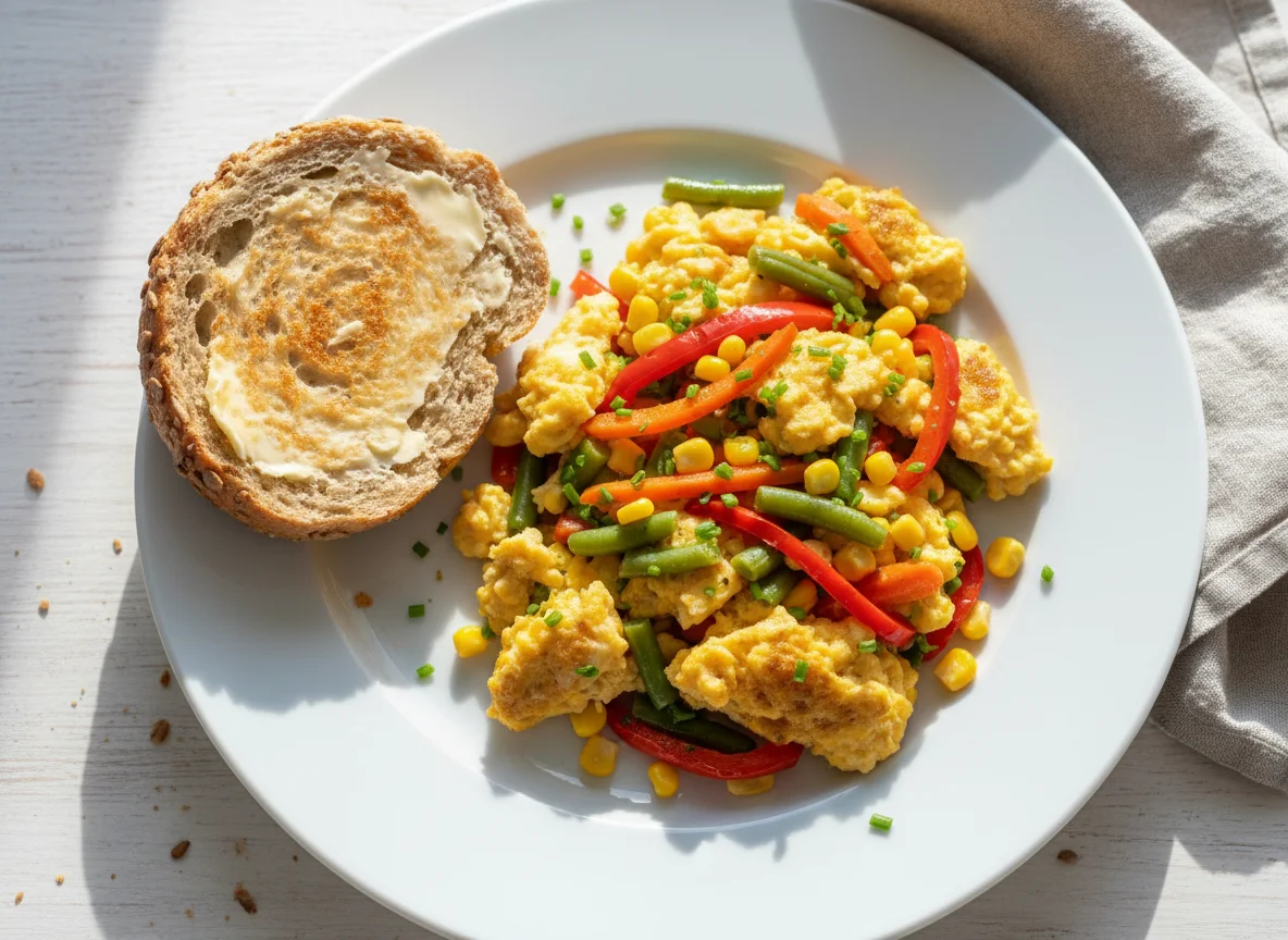 Rührei mit Gemüse und Brötchen photo