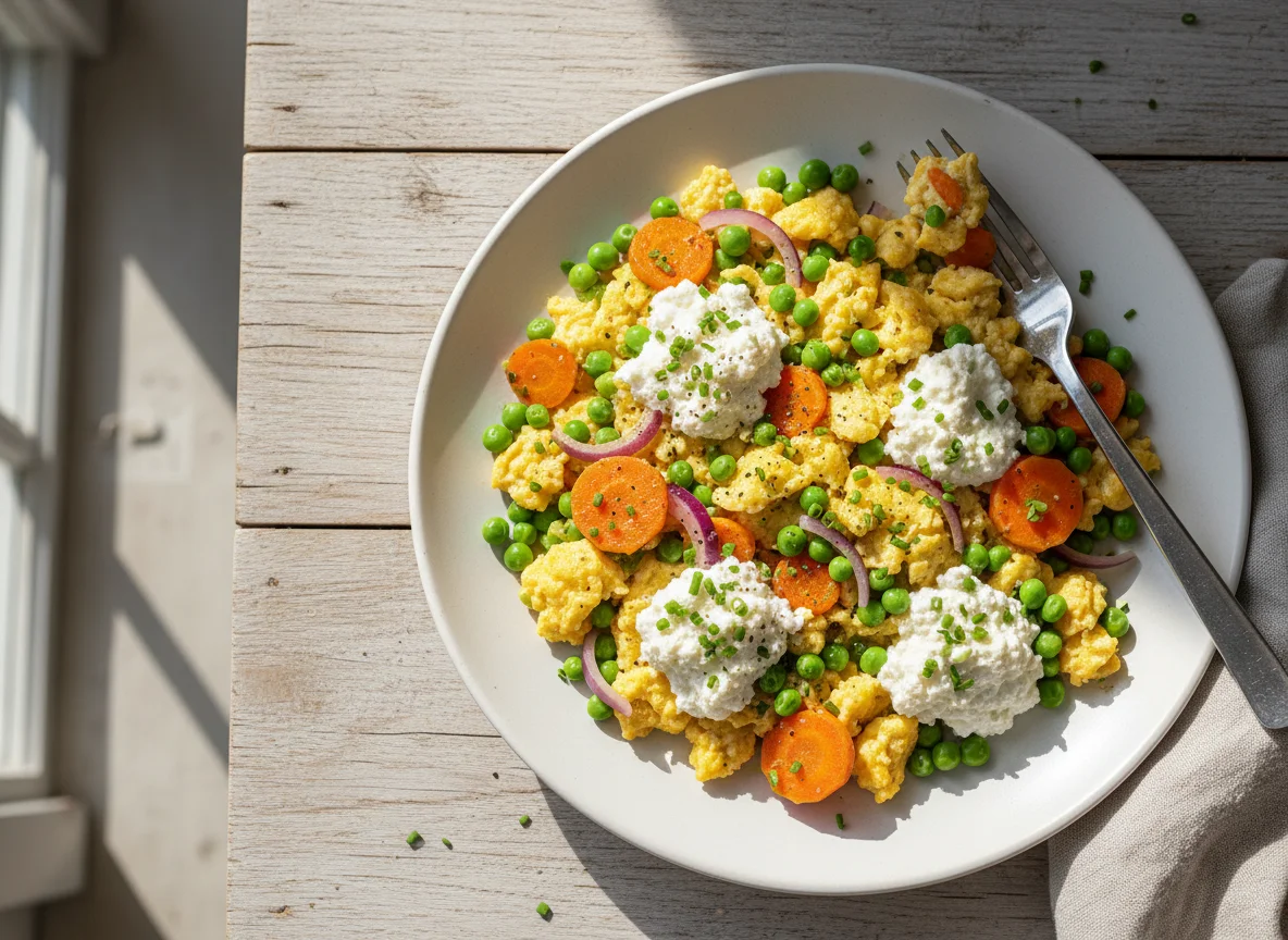 Rührei mit Gemüse und Hüttenkäse photo