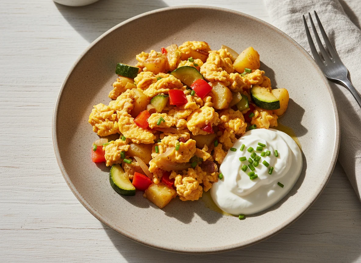 Rührei mit Gemüse und Joghurt photo