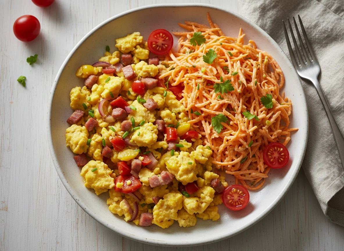 Rührei mit Gemüse und Karottensalat photo