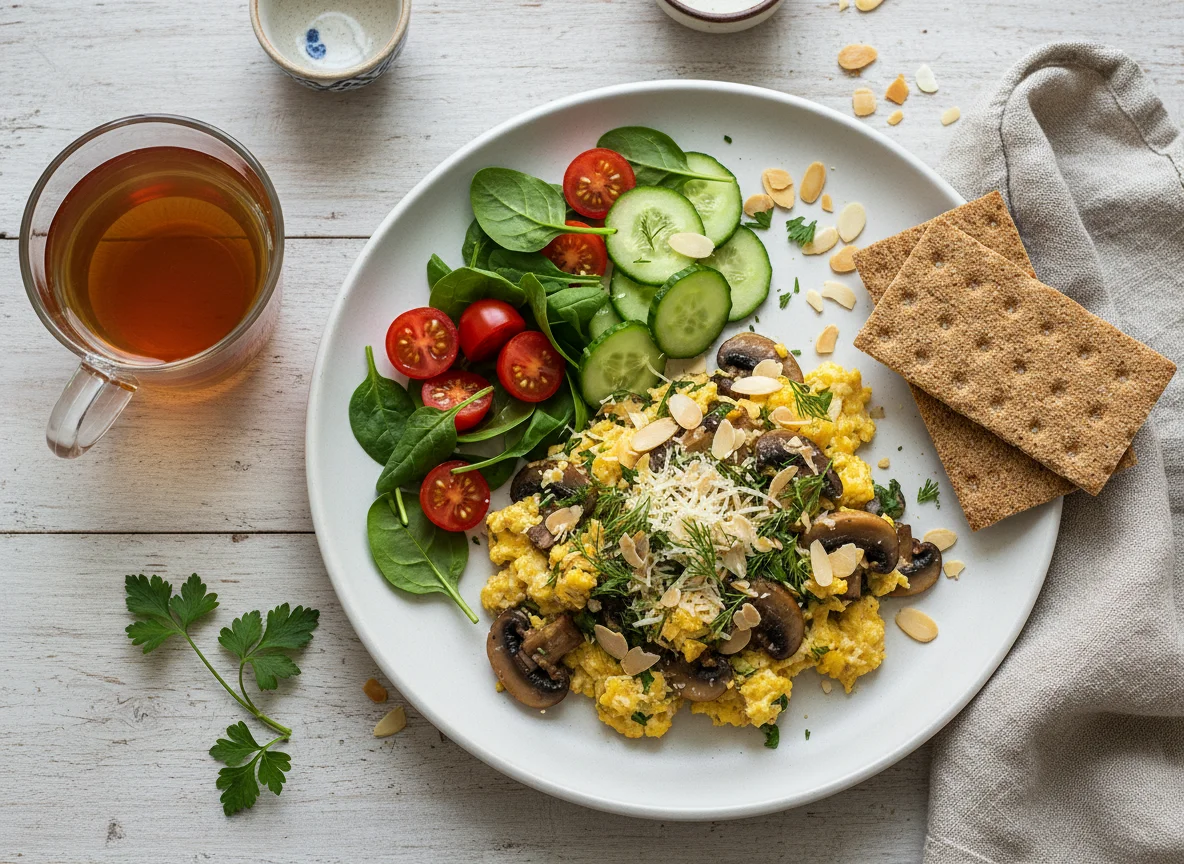 Rührei mit Gemüse und Knäckebrot photo