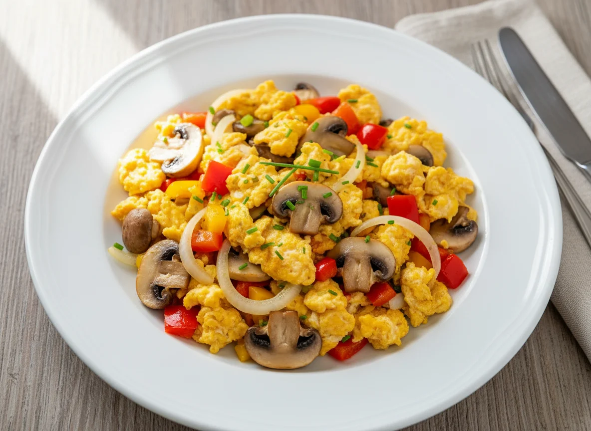 Rührei mit Gemüse und Pilzen photo