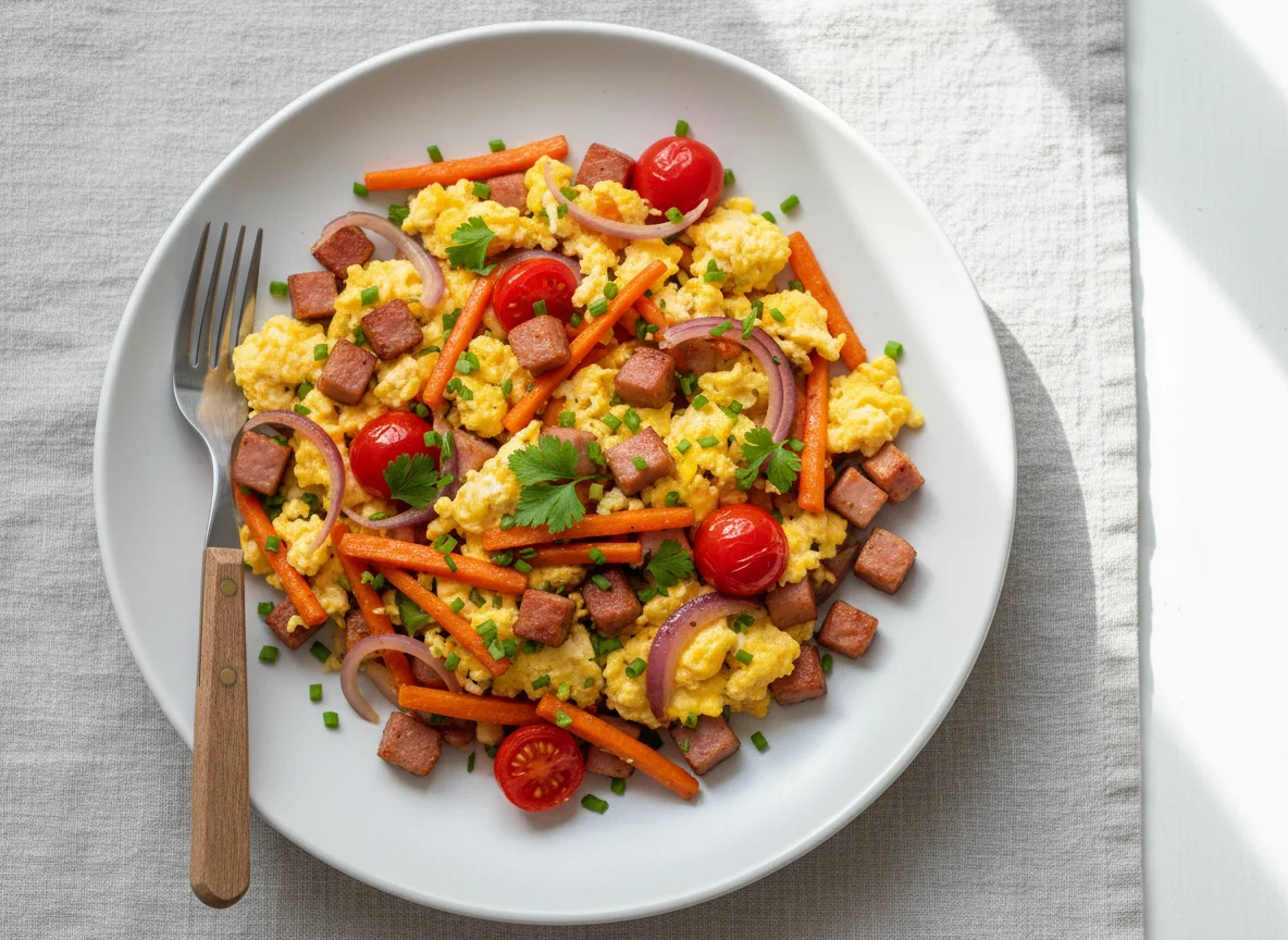 Rührei mit Gemüse und Wurst photo